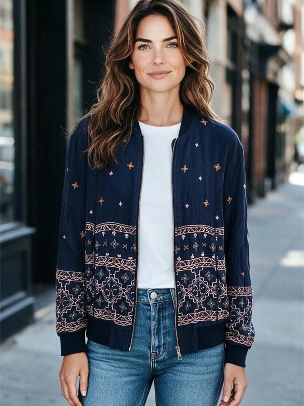 Knox Rose Embroidered Bomber Jacket in Blue & Pink XS Boho